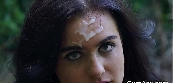  Hot sex kitten gets sperm shot on her face eating all the cum